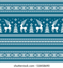 Christmas seamless strip pattern. Scandinavian folk decor - deer, snow flake and tree. Nordic ornament. White pixel image with blue background. Vector eps file.