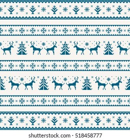 Christmas seamless strip pattern. Scandinavian folk decor - deer, snow flake and tree. Nordic ornament. Blue pixel image with light background. Vector eps file.
