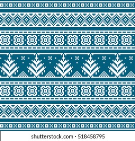 Christmas seamless strip pattern. Scandinavian folk decor - snow flake and tree. Nordic ornament. White pixel image with blue background. Vector eps file.