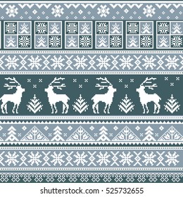 Christmas seamless strip pattern. Scandinavian folk decor - deer, snow flack and tree. Nordic traditional ornament. White pixel images with dark & light blue background. Vector eps file.