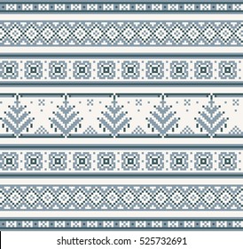 Christmas seamless strip pattern. Scandinavian folk decor - snow flack and tree. Nordic traditional ornament. Dark and light blue pixel images with white background. Vector eps file.