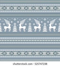Christmas seamless strip pattern. Scandinavian folk decor - deer, snow flack and tree. Nordic traditional ornament. White pixel images with light & dark blue background. Vector eps file.