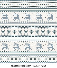 Christmas seamless strip pattern. Scandinavian folk decor - deer and snow flack. Nordic traditional ornament. Light and dark blue pixel images with white background. Vector eps file.