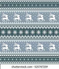 Christmas seamless strip pattern. Scandinavian folk decor - deer and snow flack. Nordic traditional ornament. White pixel images with light & dark blue background. Vector eps file.