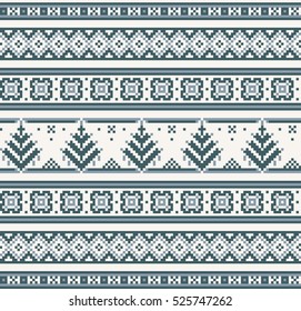 Christmas seamless strip pattern. Scandinavian folk decor - snow flack and tree. Nordic traditional ornament. Light and dark blue pixel images with white background. Vector eps file.