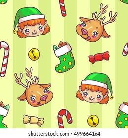 Christmas seamless striped pattern with deer, elf, candies, bells in vector. Decorative doodle element, hand drawn design for print, wrapping, fabric, paper etc. Cute new year cartoon characters.