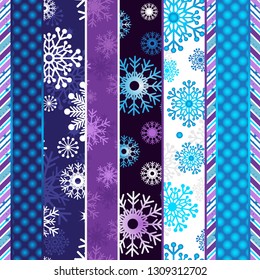 Christmas seamless striped pattern with snowflakes and polka dots, vector eps 8