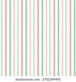 Christmas seamless stripes pattern in pastel pink and green isolated on white background.Hand drawn vertical stripe lines abstract repeat pattern vector wallpaper for fabric and prints.