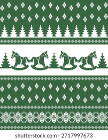Padrão de suéter sem costura de Natal com cavalos de balanço, pinheiros e motivos geométricos nórdicos em verde e branco para o design têxtil tricô de inverno
