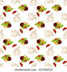 Christmas seamless with teddy bear and balls on white background.