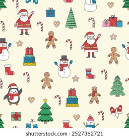 Christmas seamless texture with cute cartoon decorations. Vector illustration