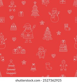Christmas seamless texture with cute cartoon decorations. Vector illustration