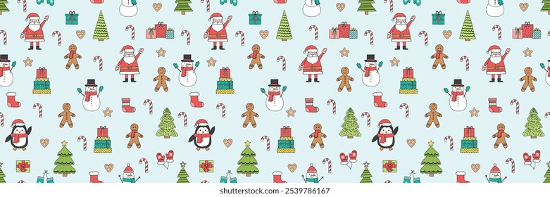 Christmas seamless texture with cute cartoon decorations. Vector illustration