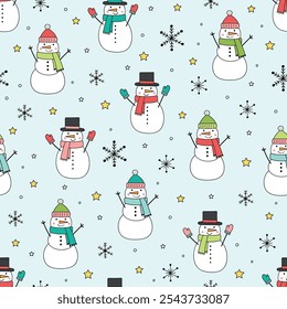 Christmas seamless texture with cute cartoon snowman. Vector illustration