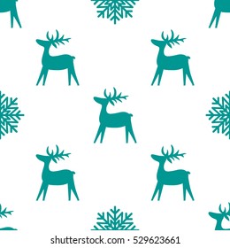 Christmas seamless texture with deer and snowflakes. Winter festive pattern for textiles, printing, packaging materials. 