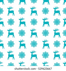 Christmas seamless texture with deer and snowflakes. Winter festive pattern for textiles, printing, packaging materials. 
