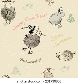 Christmas seamless texture with funny sheep beige