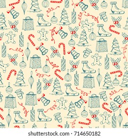 Christmas seamless texture with the Christmas objects made in the hand painted style.
