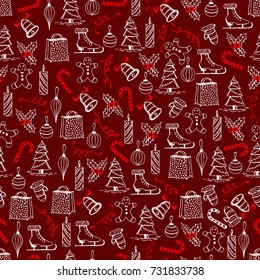 Christmas seamless texture with the Christmas objects made in the hand painted style.