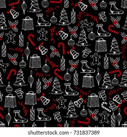 Christmas seamless texture with the Christmas objects made in the hand painted style.