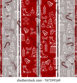 Christmas seamless texture with the Christmas objects made in the hand-painted style on the red-grey background.