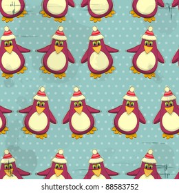 Christmas seamless texture - Penguins on a blue vintage background
