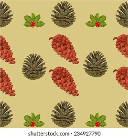 Christmas seamless texture of pine cones and berries christmas theme vector illustration