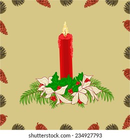 Christmas seamless texture Christmas red candle with ribbon pine cones and berries and golden leaves vector illustration