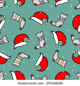 Christmas seamless texture with socks, red caps ans snowflakes. Vector illustration