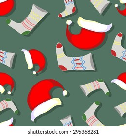 Christmas seamless texture with socks and red caps. Vector illustration