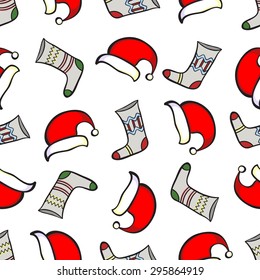 Christmas seamless texture with socks and red caps. Vector illustration