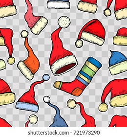 Christmas seamless texture with socks and red caps. Vector illustration