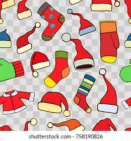 Christmas seamless texture with socks and red caps. Vector illustration