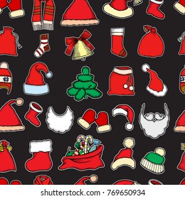 Christmas seamless texture with socks and red caps. Vector illustration. Engraved traditional xmas decoration element Great for greeting and invitation card, holiday banner postcard
