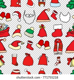 Christmas seamless texture with socks and red caps. Vector illustration. Engraved traditional xmas decoration element Great for greeting and invitation card, holiday banner postcard