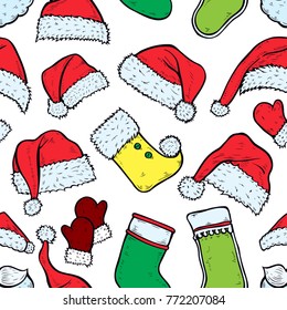 Christmas seamless texture with socks and red caps. Vector illustration