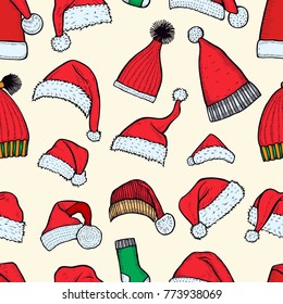 Christmas seamless texture with socks and red caps. Vector illustration