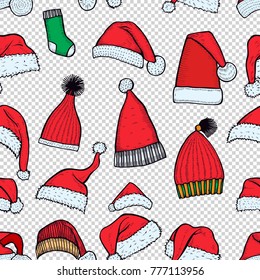 Christmas seamless texture with socks and red caps. Vector illustration