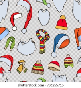 Christmas seamless texture with socks and red caps. Vector illustration. Engraved traditional xmas decoration element Great for greeting and invitation card, holiday banner postcard