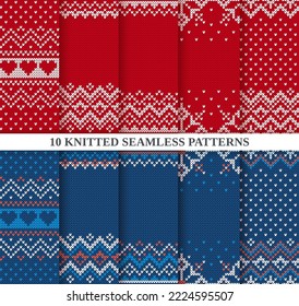 Christmas seamless textures big set. Knitted sweater patterns red and blue. Set Xmas winter background. Knit prints. Holiday fair isle traditional ornament. Wool pullover. Vector illustration