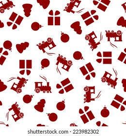 Christmas seamless traditional red and white background, great choice for wrapping paper pattern with christmas balls, present, christmas tree and train.