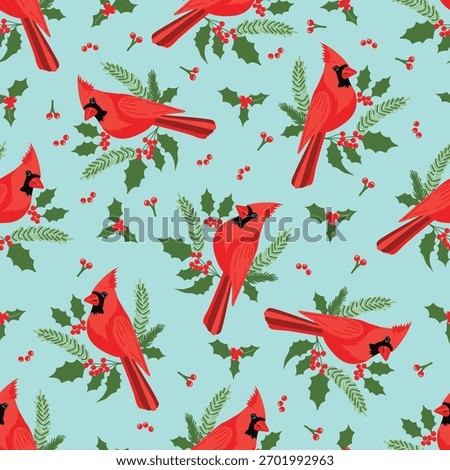 Christmas seamless turquoise background with cardinal birds and red Holly berries. Vector seamless pattern with birds and holly.