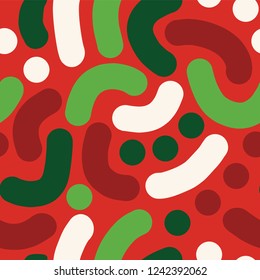 Christmas Seamless vector abstract handdrawn background. Curved shapes seamless pattern. Green red white lines and dots. Modern mosaic art for celebrations, Christmas, New Year, fabric, web banner