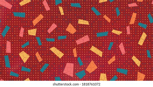 Christmas seamless vector background cartoon child style. Multicolored geometric shapes laid out in chaos style for wallpaper and wrapping paper