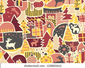 Christmas seamless vector background. Modern holiday pattern for women and girls in pink, yellow, red, gray, beige. Reindeer, elk, Christmas ornaments, gift boxes, trees, candles for wrapping, fabrics