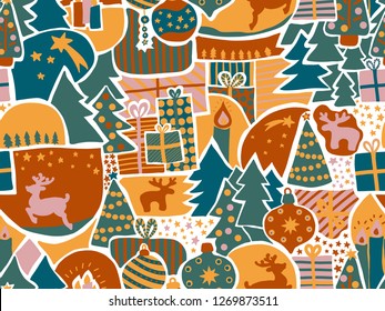 Christmas seamless vector background. Modern holiday pattern in teal, green, gold, pink. Reindeer, elk, Christmas ornaments