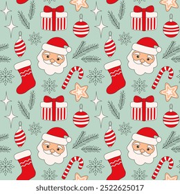 Christmas seamless vector background with Santa Claus head and decorations, design for wallpaper, textile print, wrapping paper.