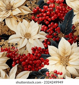 Christmas seamless vector background with white and gold poinsettia flowers and red berries, vintage watercolor style.