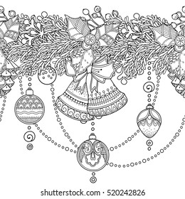 Christmas seamless vector border in doodle style. Floral, ornate, decorative, tribal, design elements. Black and white background. Christmas decor, garlands. Zentangle coloring book page