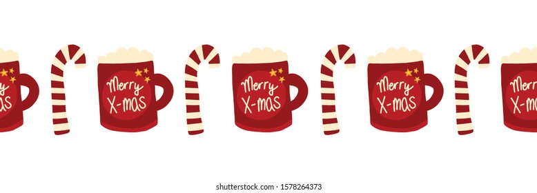 Christmas seamless vector border with Merry Christmas mugs and candy canes. Repeating Holiday design hand drawn. Hot drink, tea, or chocolate design for card decoration, ribbon, trim, kids